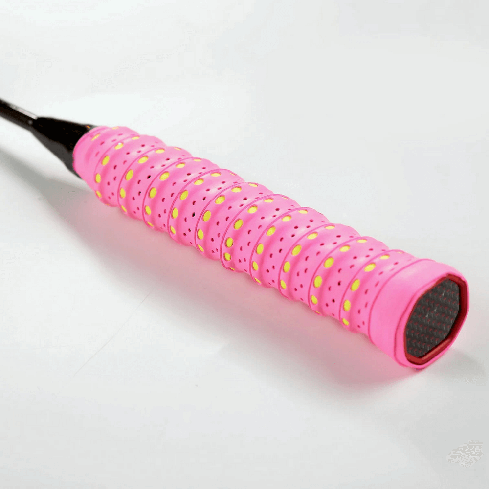 Vibrant pink Perforated Anti-Slip Tennis Racket Overgrip Tape - SF3437 on racket handle